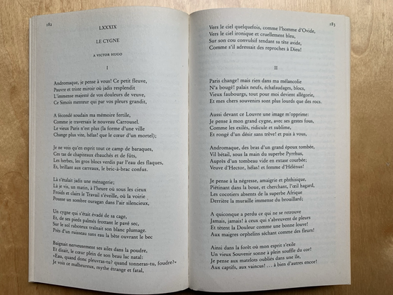 Book opened to poem “Le Cygne” by Charles Baudelaire to Victor Hugo. In Der Abschied by Karl Heinz Bohrer.
