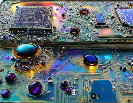 Vibrant circuit board components in a futuristic abstract techscape.