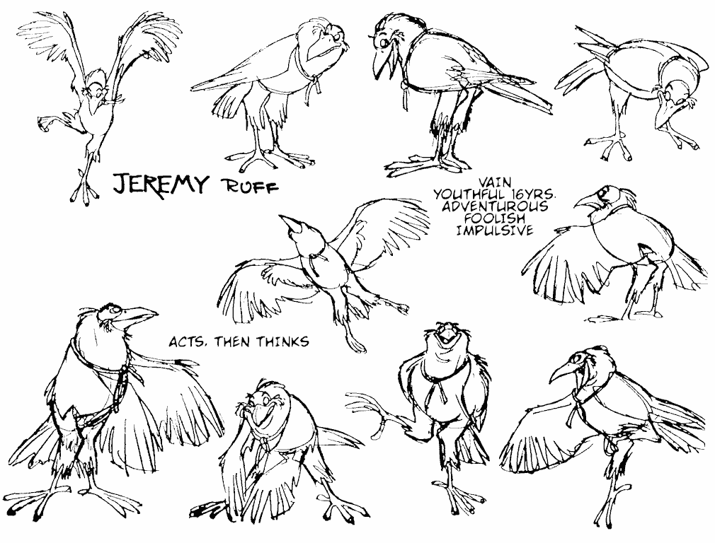 A model sheet of Jeremy, a corvid/bird character, featuring several pencil drawings of him from various angles and in various poses.