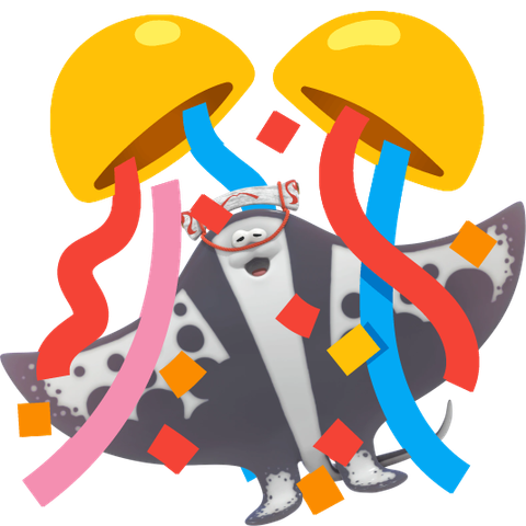 A picture of Big Man, a cheerful & friendly looking anthropomorphic manta ray, under a ball full of confetti breaking open with streamers & confetti falling out over him.