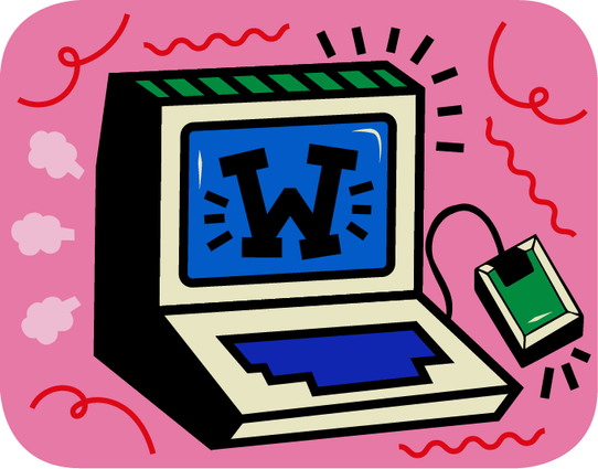 Drawing of a computer with a 'W' on the screen in blue and green on a pink background.