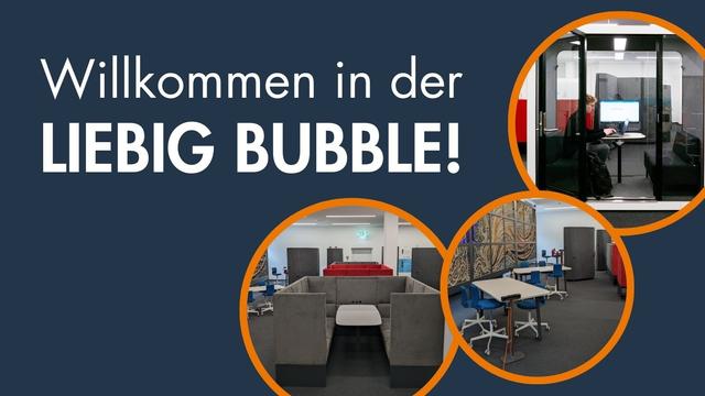 Grafik mit drei Fotos verschiedener Arbeitsbereiche der Bibliothek und der Text "Willkommen in der Liebig Bubble!"