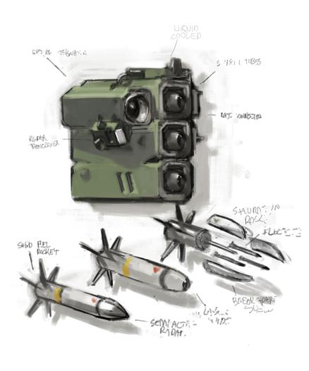 Digital painting of sci-fi weapon system, in a technical drawing style