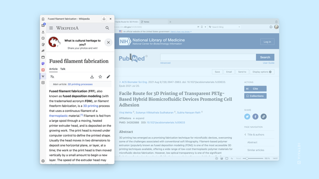 Vivaldi on Desktop UI showing Wikipedia as a web panel.