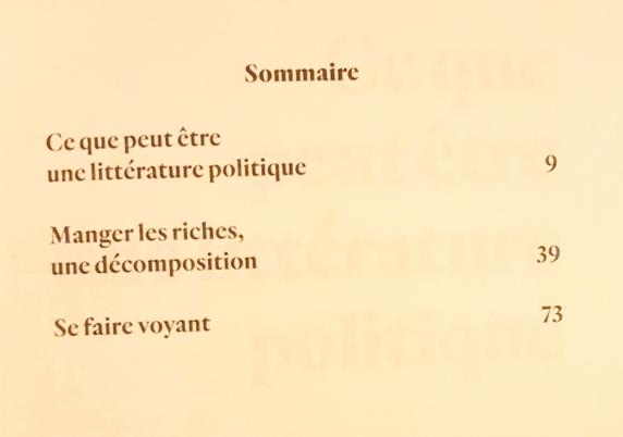 Table des matières de Défaire voir.
1- Ce que peut être une littérature politique.
2- Manger les riches, une décomposition.
3- Se faire voyant.
