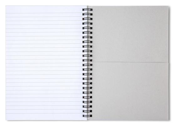 The inside of a spiral notebook. On the left a lined page. On the right a cardboard back with a pocket.