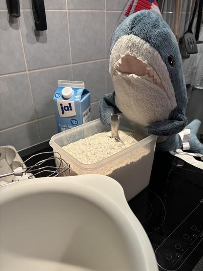 Auf einer Küchenarbeitsplatte stehen mit unter eine Schüssel, Milch und es ist ein Handrührer zu sehen. Im Mittelpunkt des Bildes steht eine Box mit Mehl, auf die sich ein Blåhaj stützt.
(Blåhaj ist ein blauer Stoffhai von Ikea)