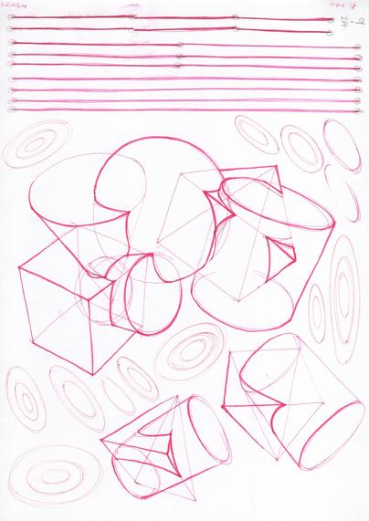 a page with line drills, geometric form intersections and some ellipses done in pink ink