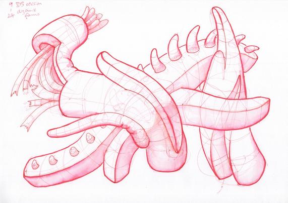 a page with organic forms in red ink