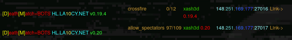showing a colorful table of running half life death match xash3d servers. the last entry shows crazy values for the map and player count. "allow_spectators 97/109"