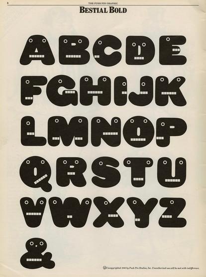 Page of newsprint printed with an alphabet on black. The letters are bold and rounded and each has simple drawings of eyes and teeth. “Bestial Bold” is at the top.