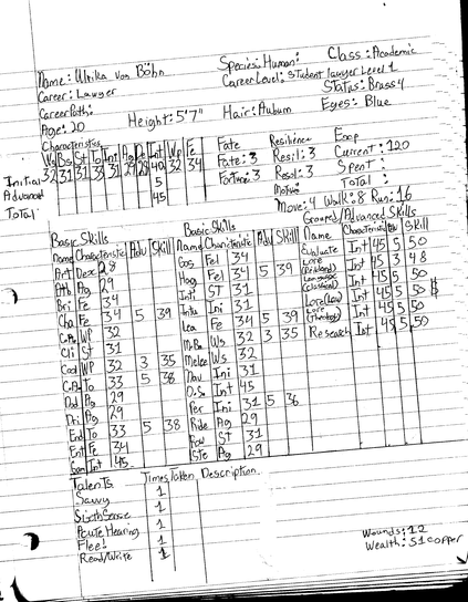 Handmade character sheet for Ulrika von Böhn, a lawyer for the Warhammer Fantasy Roleplaying game.