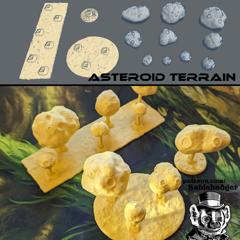 two part promo images with the words Asteroid Terrain along the middle.

Top is 3d model render of 10 asteroids of various sizes, and three bases.
Bottom is 3d printed versions of the model set up as terrain.