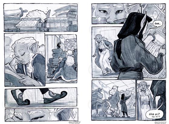 A comic page showing a femme elf slowly waking up in a library, where she's dozed off behind some books. The sounds of soft shoes on the floor rouse her.

Seeing that it's another elven gentlemen she knows, she's interested in how focused he seems at the bookshelf of books and scrolls. She can't help but be nosy, and quietly sneaks up on him. He says, "This one..?" while examining a second scroll, oblivious in his focus.