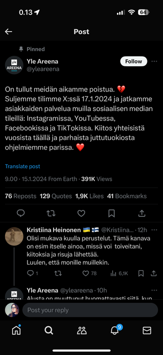 Ylen tweetti 15.1.2024 klo 9:00: On tullut meidän aikamme poistua. 💔
Suljemme tilimme X:ssä 17.1.2024 ja jatkamme asiakkaiden palvelua muilla sosiaalisen median tileillä: Instagramissa, YouTubessa, Facebookissa ja TikTokissa. Kiitos yhteisistä vuosista täällä ja parhaista juttutuokiosta ohjelmiemme parissa. ❤️