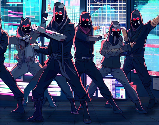 A team of data ninjas striking various martial arts poses