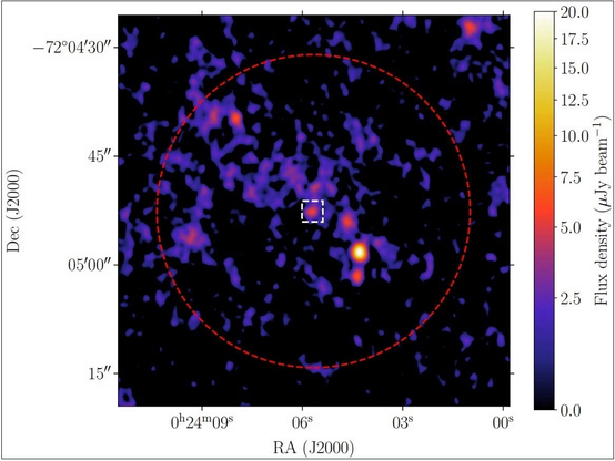 A patchy, abstract image of purple blobs on a black background. Some of the purple blobs are red and bright orange. This image resembles a heat map. The purple blobs are caused by radio signals and the brighter, red and orange sources are more brighter radio signals. There is a large red circle annotated showing the core region of the cluster and a small, central red blob is also annotated with a square to highlight the central radio source within the cluster.