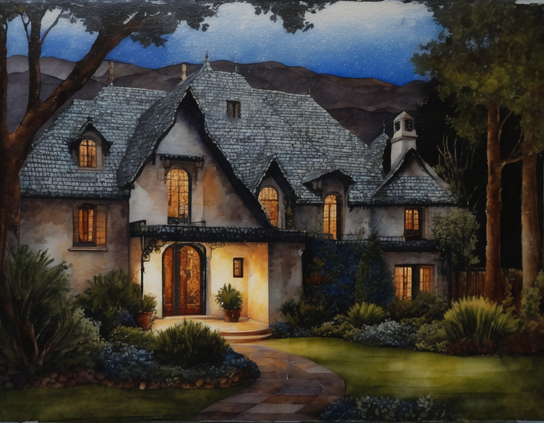 A rustic house at nighttime, nestled among mature trees, with warmly lit windows inviting a sense of welcome.