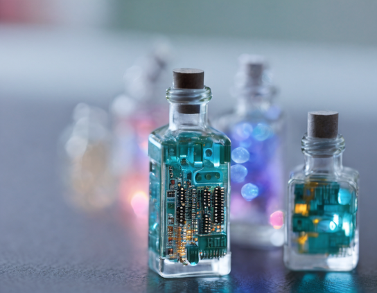 Close-up view of circuit boards in small bottles. Macro photography style.