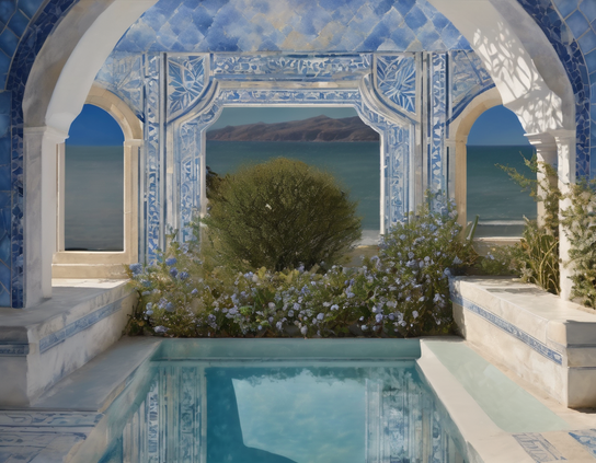 A luxurious pool framed by intricate blue tiles and arches, with a sweeping view of the brooding sea.