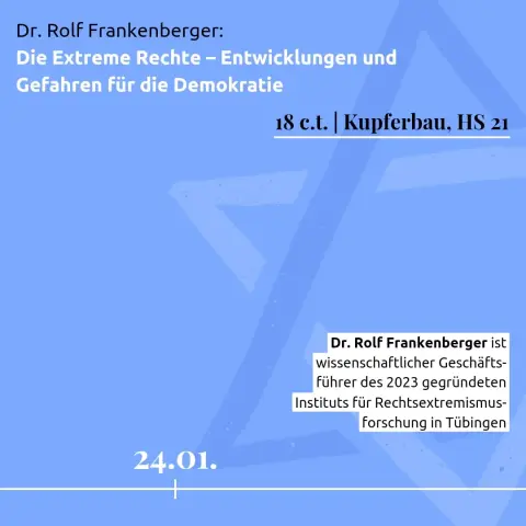 24.01.

Dr. Rolf Frankenberger:
Die Extreme Rechte – Entwicklungen und 
Gefahren für die Demokratie

18 c.t. | Kupferbau, HS 21

Dr. Rolf Frankenberger ist wissenschaftlicher Geschäfts-führer des 2023 gegründeten Instituts für Rechtsextremismusforschung in Tübingen
