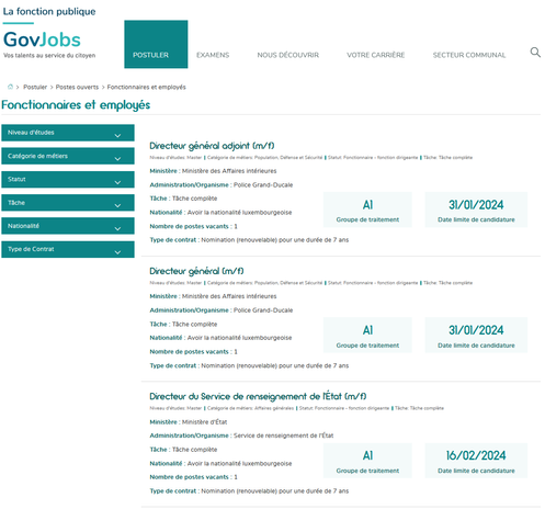 Image coupée du site govjobs.public.lu. Elle montre trois postes à statut Fonction dirigeant, à savoir celui du Directeur général adjoint (m/f) de la Police grand-ducale, celui du Directeur général (m/f) de la Police grand-ducale et celui du Directeur du Service de renseignement de l'État (m/f).