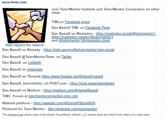This page on the Tutor/Mentor Institute, LLC website shows where you can connect with Dan Bassill on social media.  It includes Facebook, Mastodon, Bluesky, LinkedIn, Instagram, Threads, etc.