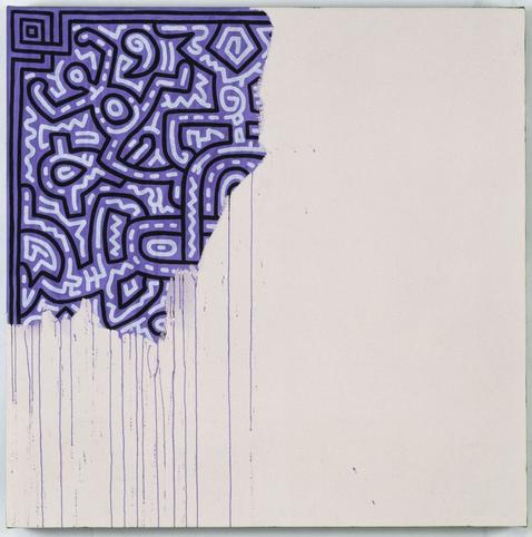 Haring’s “Unfinished Painting” (1989), a white canvas with a purple background that covers only the top-left quadrant, is layered over with the illustrator’s iconic, heavy-lined figuration and designs that end abruptly. Aside from a few streaking purple drip lines that slide down the untouched canvas beneath, the punctuated painting is ear-splittingly silent.