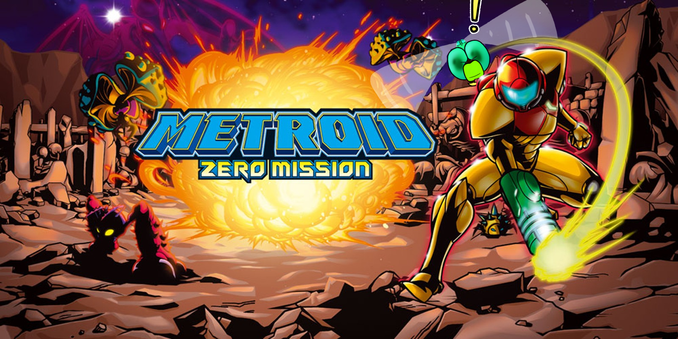 Splash art for Metroid Zero Mission; in the foreground stands Samus in her gold-and-red-armoured space suit, her arm cannon glowing. Behind her is a rocky landscpe dotted with ruins and alien monsters, with an explosion in the middle distance as backdrop for the game logo in the middle of the image. Flying up behind Samus is me, a blue-green dragonfly.