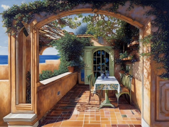 Sunny terrace overlooking the sea, adorned with climbing vines and a terracotta tiled floor. A welcoming table set with blue vases and a view of the horizon invites a peaceful morning.