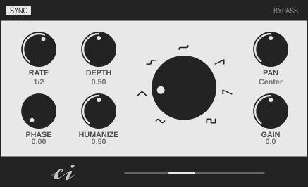 Picture of the Panacea plugin with knobs for Sync, Bypass, Rate, Depth, Phase, Waveform, Pan and Gain.
