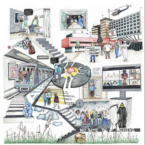 The colored drawing is a wimmelbild showing various scenes from the ongoing pandemic. At the center there is a huddled person who sits on a broken record, saying "I sound like a broken record". At the top right there are scenes from a anti-vax-protest in front of a hospital. On a screen a person in a hospital bed on a respirator can be seen. At the top left corner there's a doctor without a mask leaning into a patient, who seems intimidated. Right underneath a revolver points away, 5 chambers are empty one contains a COVID virus, to signify the russian roulette of Long COVID. In the bottom left corner there's a train station with an incoming train called "you do you", most people in the train don't wear a mask except one person squeezed to the window. The sign reads "next stop: Long COVID". Bellow there's a syringe with a drop. Above to the right a group of kids tries to cross the street, on the crossing are written "LC, diabetes, MIS-C and POTS". To the right of it there's a dance party where no one wears a mask and death stands there with a smiley head. On the side of the floor is a panel that reads, "no time to grieve". Bellow that there's a capybara relaxing on a turtle, next to the flags of a pandemic memorial. Above the dance floor a woman with wild hair opens the door and asks, "Why masked? It's just a flu. We're fine". On a screen there's a video-chat where one person has a cat face.