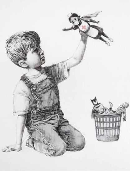A boy holds aloft a caped nurse as if flying. Batman and Spiderman languish in the waste basket.