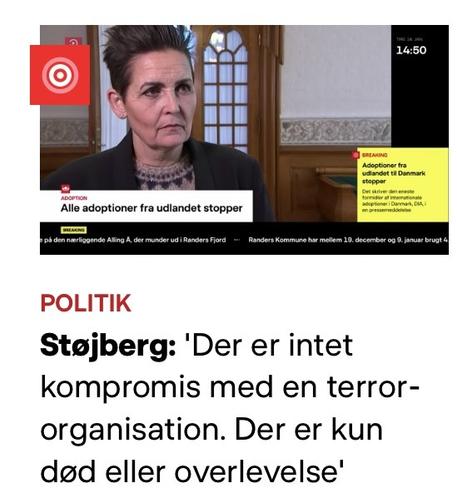 Skærmdump fra Danmarks Radio’s hjemmeside der viser et live videoklip med Pia Olsen Dyhr omkring stop for adoptioner, over en overskrift der der citerer Inger Støjberg i forbindelse med en helt anden historie.