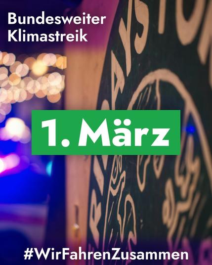Demoankündigung
Zentral auf dem Sharepic steht in weißer Schrift auf grünem Hintergrund "1. März"
Links oben in der Ecke steht Bundesweiter Klima-Streik
Und ganz unten zentral im Bild ist der Hashtag #WirFahrenZusammen

Das Bild zeigt ein sehr düsteres FFF-Logo das quer von der Seite fotografiert wurde. Links im Hintergrund sind unscharf Lichter zu sehen.