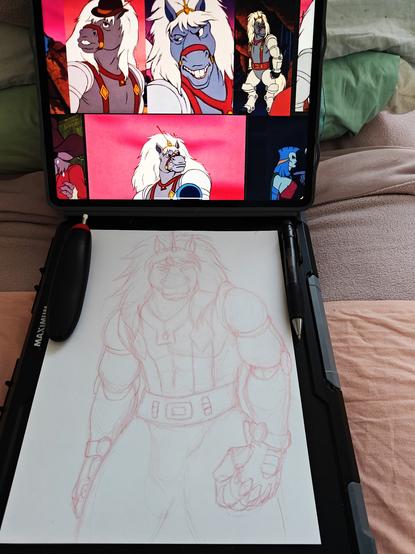 A picture of a sketch of Thirty Thirty from Bravestarr, with an iPad in frame with reference images.