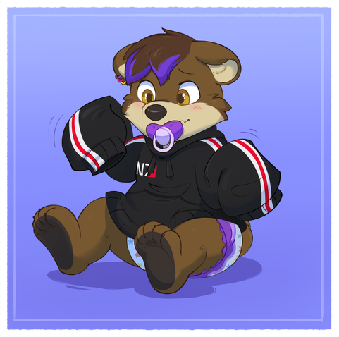 Sascha the little bearkitty, sitting on the floor.
He is wearing a massively oversized hoodie in a Mass Effect N7 design, a colorful diaper and a purple pacifier.
The look on his face is both a little blushy and confused, because the hoodie, belonging to his step dad, is so much bigger than he though it would be