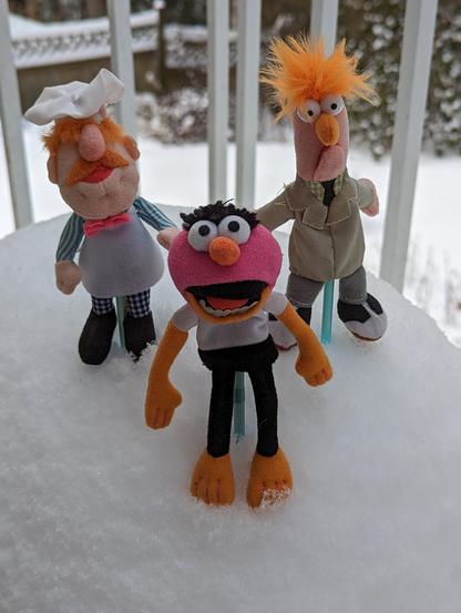 Three Muppet finger puppets in the snow.