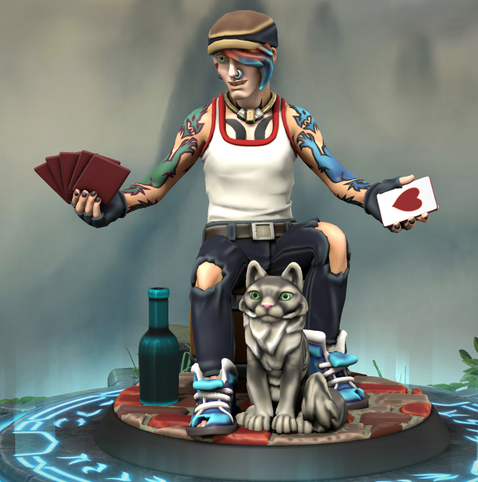 A thin young caucasian man sitting on an improvised seat doing a card trick. He is heavily tattooed, moderately pierced and his hair has likely unhealthy amounts of hair dye. 

A cat sits in front of him wit the expression of perpetual amazement some cats seem to have.