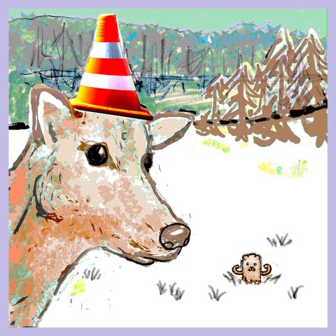 A tiny mink flexes its biceps from a burrow as a deer wearing a traffic cone for a hat looks speechless.