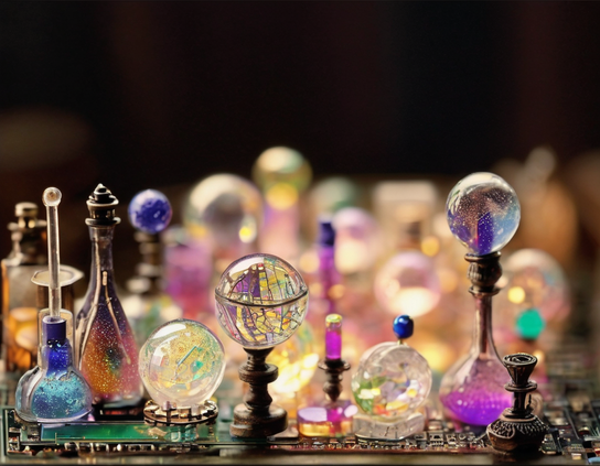 Colorful glass orbs and vials suggesting a miniature alchemist's lab, on a dark background.