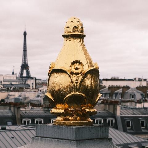 A close-up of a golden ornamental fleur-de-lis with the Eiffel Tower and Parisian rooftops in the soft-focus background.