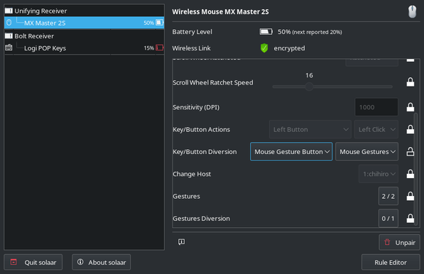 Main Solaar window showing Key/Button Diversion setting with Mouse Gesture Button set to Mouse Gesture.