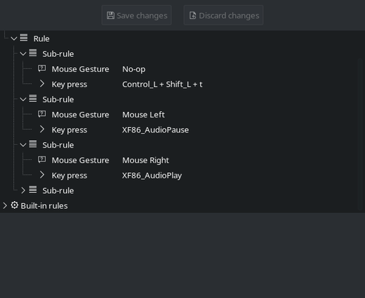 Solaar’s Rule Editor window showing three sub-rules for mouse gestures. The condition of the first one is set to No-op (so just click of the button), the second one to Mouse Left, and the third one to Mouse Right.