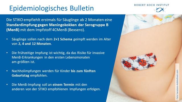 Epidemiologisches Bulletin: Die STIKO empfiehlt erstmals für Säuglinge ab 2 Monaten eine Standardimpfung gegen Meningokokken der Serogruppe B (MenB) mit dem Impfstoff 4CMenB (Bexsero).
- Säuglinge sollen nach dem 2+1 Schema geimpft werden im Alter von 2, 4 und 12 Monaten.
- Die frühzeitige Impfung ist wichtig, da das Risiko für invasive MenB-Erkrankungen in den ersten Lebensmonaten am größten ist.
- Nachholimpfungen werden für Kinder bis zum fünften Geburtstag empfohlen.
- Die MenB-Impfung soll an einem Termin mit den anderen von der STIKO empfohlenen Impfungen erfolgen.
Dabenen das Bild eines Baby Oberschenkels, auf dem ein Pflaster mit Marienkäfer-Motiv zu sehen ist.