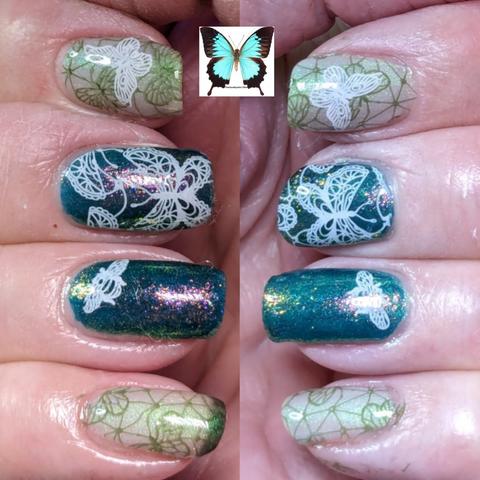 Finger nails wearing green & white nail polish with butterflies & a bee on my ring fingers.