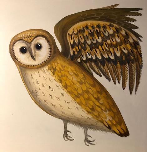 Folk art painting of an owl in flight