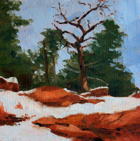 A painting of snowy trees and rocks in Colorado.