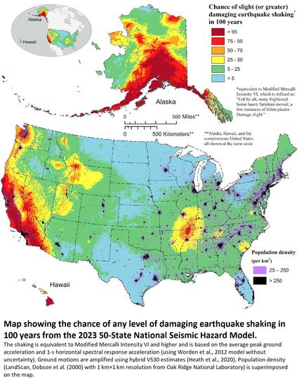 Map showing the chance of any level of damaging earthquake shaking in 100 years from the 2023 50-State National Seismic Hazard Model. The shaking is equivalent to Modified Mercalli Intensity VI and higher and is based on the average peak ground acceleration and 1-s horizontal spectral response acceleration (using Worden et al., 2012 model without uncertainty). Ground motions are amplified using hybrid VS30 estimates (Heath et al., 2020). Population density (LandScan, Dobson et al. (2000) with 1 km×1 km resolution from Oak Ridge National Laboratory) is superimposed on the map.