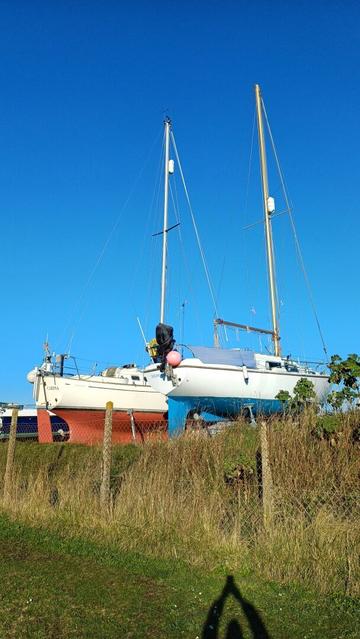 Two boats out of water, both with tall masts. Left one with red Hull and right one with blue Hull. Deep blue sky above